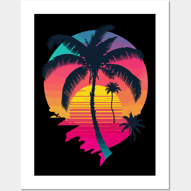 Synth Island Sunset Synthwave Aesthetic Palm Tree Silhouette Wall Art by Brobocop